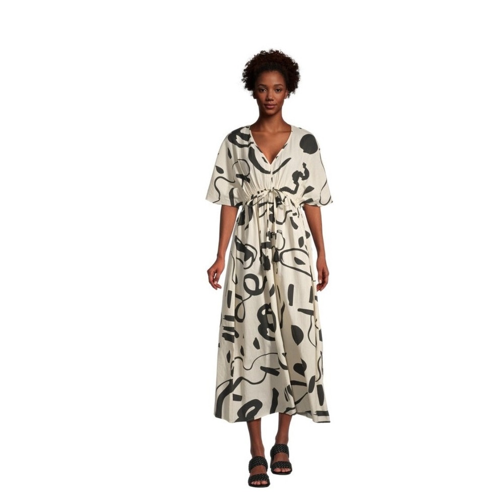 World Market Black White Abstract Graphic Maxi Dress Drawstring Waist SM